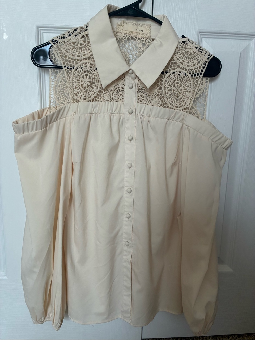 A'Reve Cream Open-Shoulder Long Sleeve Button-Down Lace Yoke Blouse